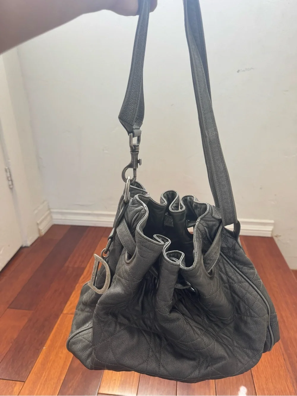 Authentic Dior Metallic Gray Quilted Drawstring Shoulder Bag